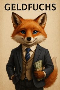 Der Kapitalfuchs steht vor der Fotowand und zeigt das Titelbild zum Geldfuchs.