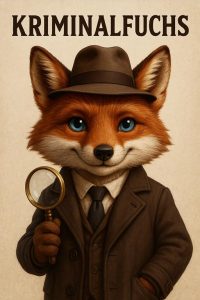 Der Kriminalfuchs. Fuchs mit einer Lupe in der Hand und einem Hut auf
