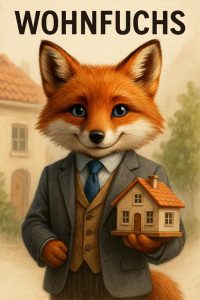 Der Kapitalfuchs steht vor der Fotowand und zeigt das Titelbild zum Wohnfuchs mit Haus in der Hand