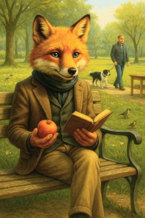 Der Kapitalfuchs sitzt auf einer Bank im Wald mit Buch und Apfel in der Hand und liest ein Buch. Steigende Steuern und Kapitalertragssteuer