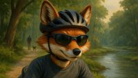 Kapitalfuchs mit Fahrradhelm erklärt das Thema Fahrrad, Liegerad, E-Bike;